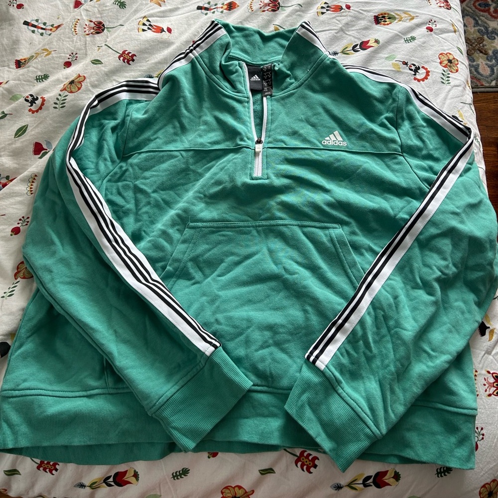 Adidas sport teal quarter zip 3 stripe cropped sweatshirt